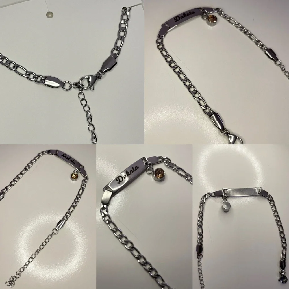 “Dakota” Baby/ Kid’s Silver Metal Name Bracelet with Orange Rhinestone Charm